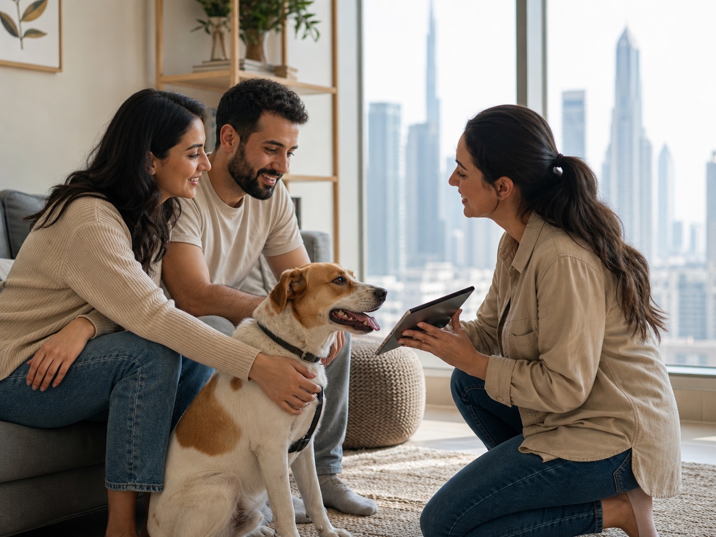 Dubai foster family meeting a rescue dog with a volunteer