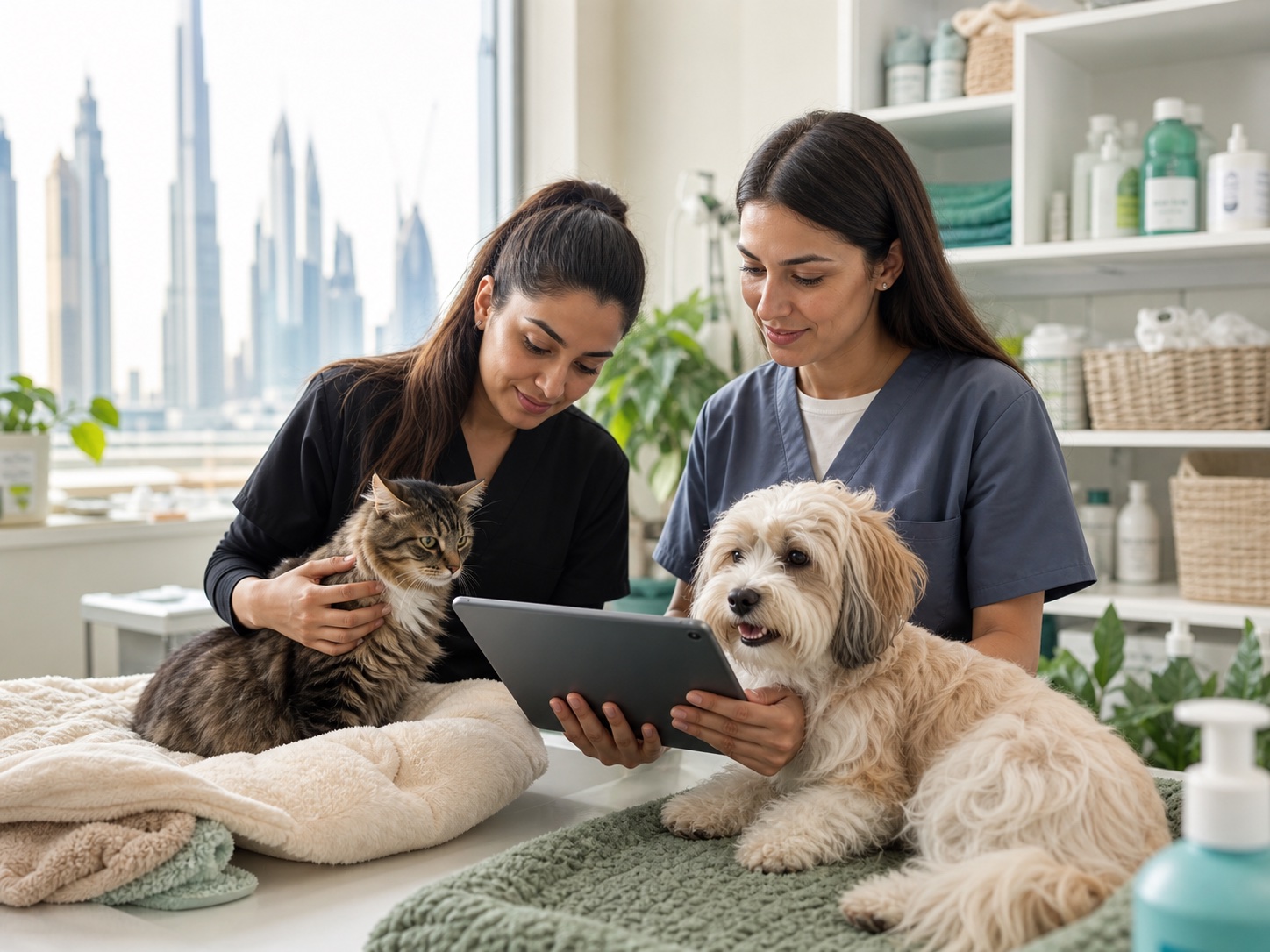 Dubai animal-care coordinators reviewing follow-up care notes for rescued animals