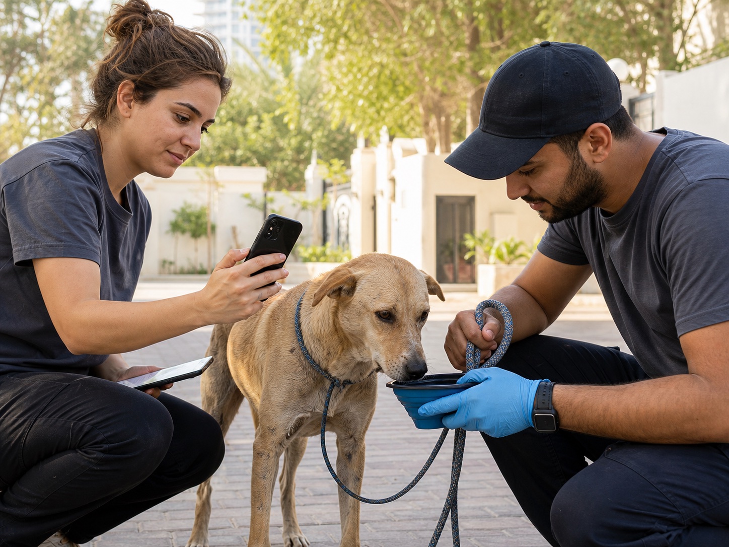 Dubai volunteers recording rescue intake details for a stray dog